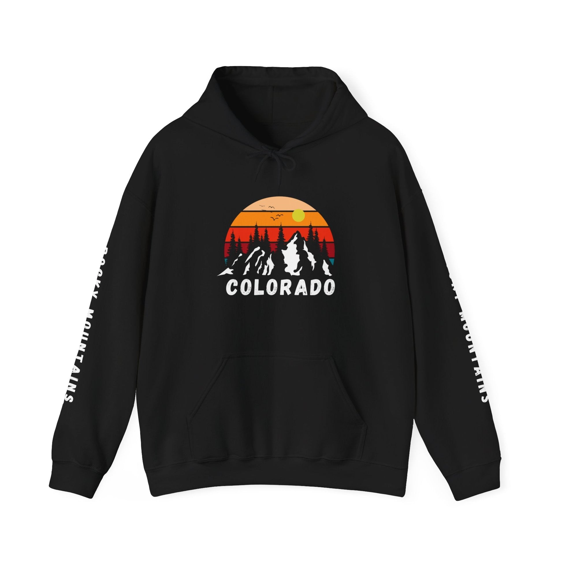 Colorado Rocky Mountains Hoodie, Colorado sunset with mountains and Rocky Mountains printed sleeves - Busy Bee Bazaar