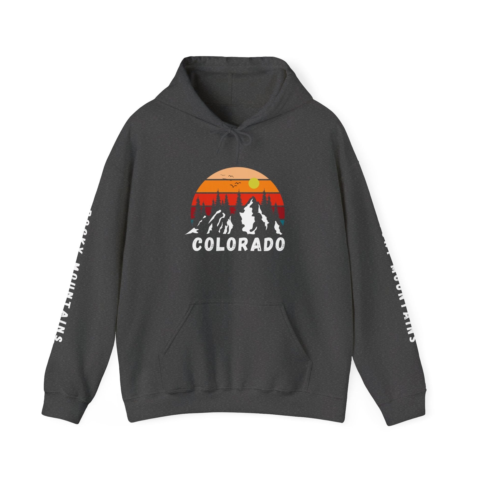 Colorado Rocky Mountains Hoodie, Colorado sunset with mountains and Rocky Mountains printed sleeves - Busy Bee Bazaar