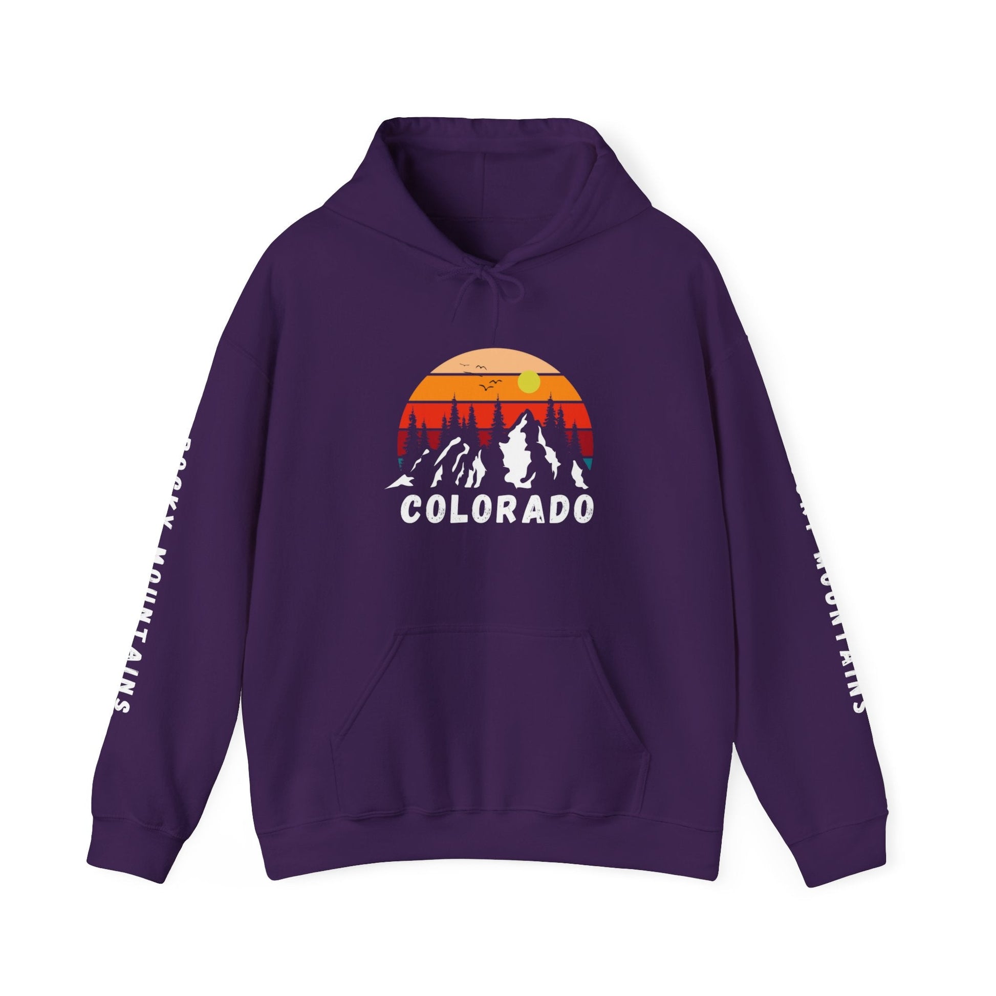 Colorado Rocky Mountains Hoodie, Colorado sunset with mountains and Rocky Mountains printed sleeves - Busy Bee Bazaar