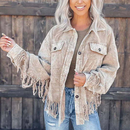 Corduroy Fashion Long Sleeve Tassel Button Coat - Busy Bee Bazaar