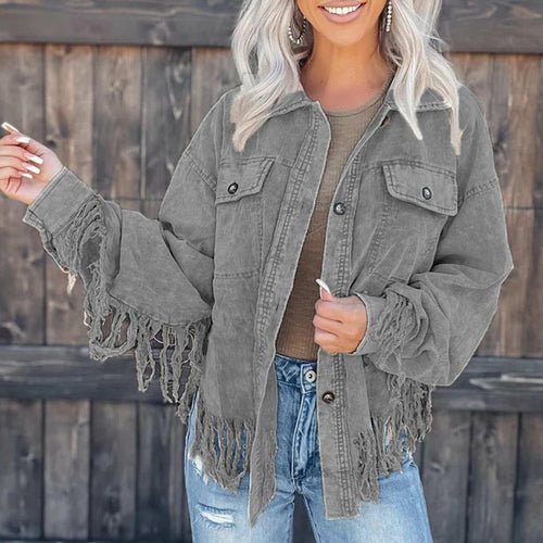Corduroy Fashion Long Sleeve Tassel Button Coat - Busy Bee Bazaar
