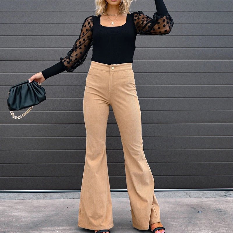 Corduroy Trousers Fashion Mid Waist Micro Flared Pants - Busy Bee Bazaar