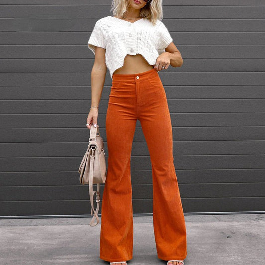 Corduroy Trousers Fashion Mid Waist Micro Flared Pants - Busy Bee Bazaar