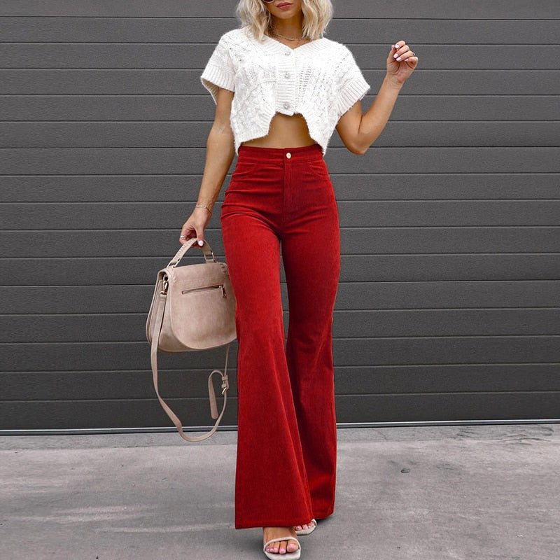 Corduroy Trousers Fashion Mid Waist Micro Flared Pants - Busy Bee Bazaar