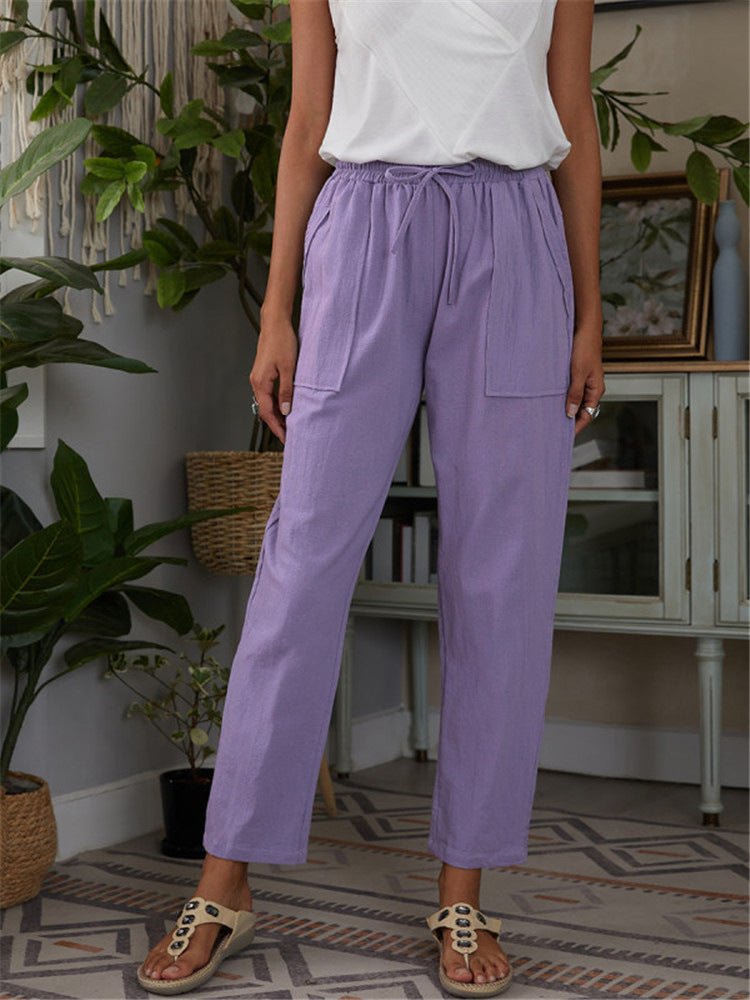 Cotton Linen Pants Loose Solid Color High Waist Trousers Long Pants - Busy Bee Bazaar