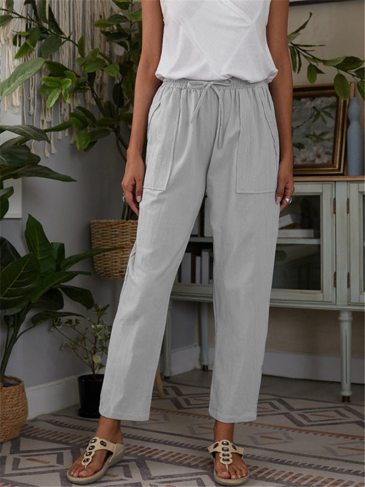 Cotton Linen Pants Loose Solid Color High Waist Trousers Long Pants - Busy Bee Bazaar