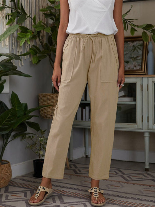 Cotton Linen Pants Loose Solid Color High Waist Trousers Long Pants - Busy Bee Bazaar