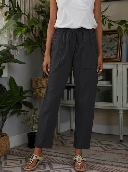 Cotton Linen Pants Loose Solid Color High Waist Trousers Long Pants - Busy Bee Bazaar
