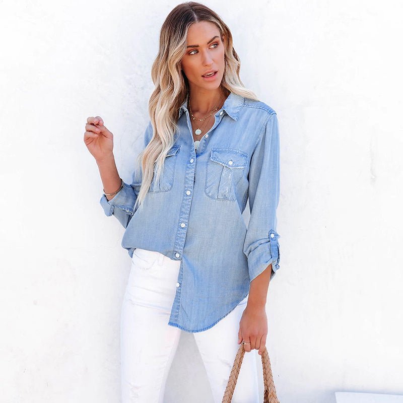 Denim Shirts Long Sleeve Casual Turn-down Collar Blouses - Busy Bee Bazaar