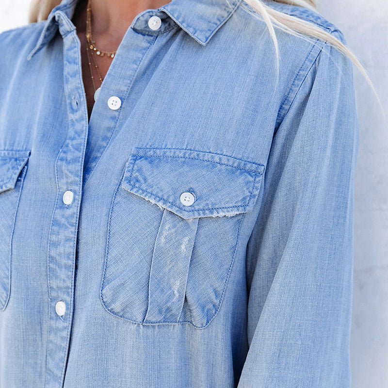 Denim Shirts Long Sleeve Casual Turn-down Collar Blouses - Busy Bee Bazaar