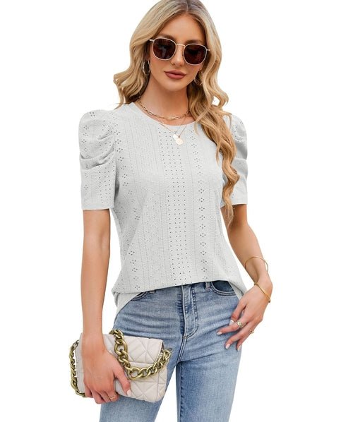 Hollowed Out Crew Neck Pleats Loose Top - Busy Bee Bazaar