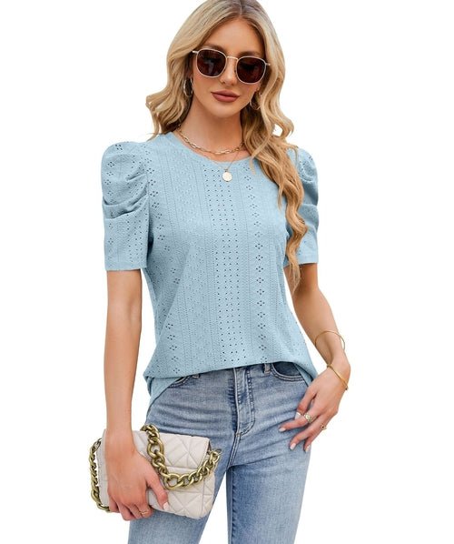 Hollowed Out Crew Neck Pleats Loose Top - Busy Bee Bazaar