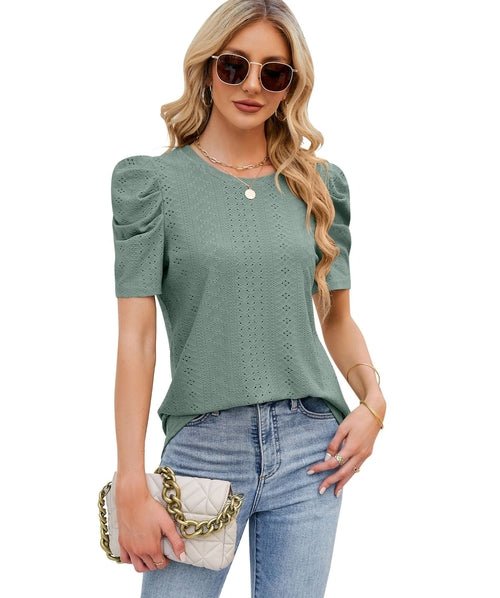 Hollowed Out Crew Neck Pleats Loose Top - Busy Bee Bazaar