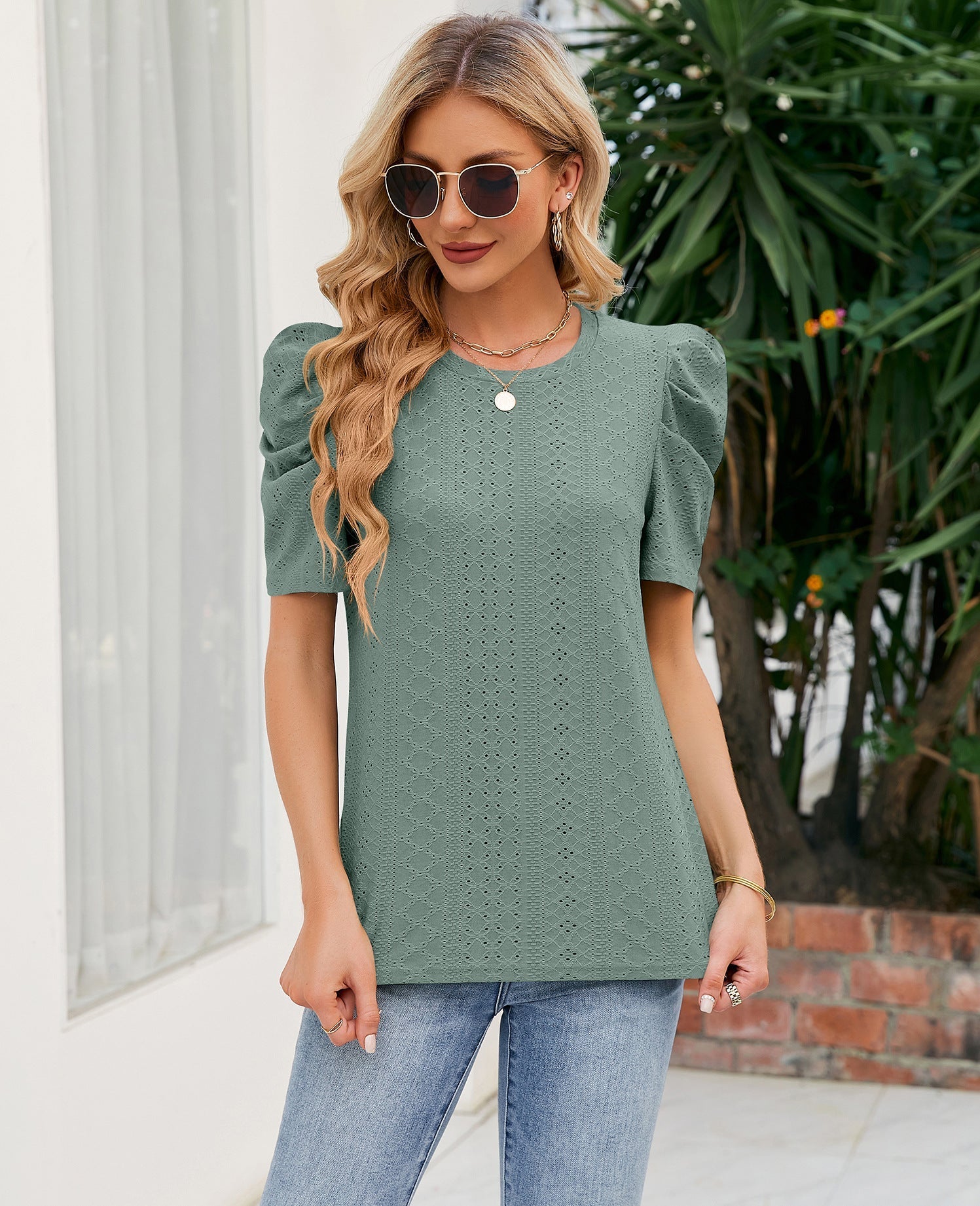 Hollowed Out Crew Neck Pleats Loose Top - Busy Bee Bazaar