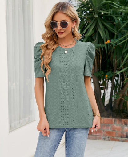 Hollowed Out Crew Neck Pleats Loose Top - Busy Bee Bazaar