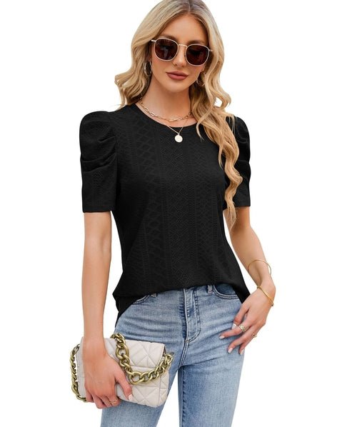 Hollowed Out Crew Neck Pleats Loose Top - Busy Bee Bazaar