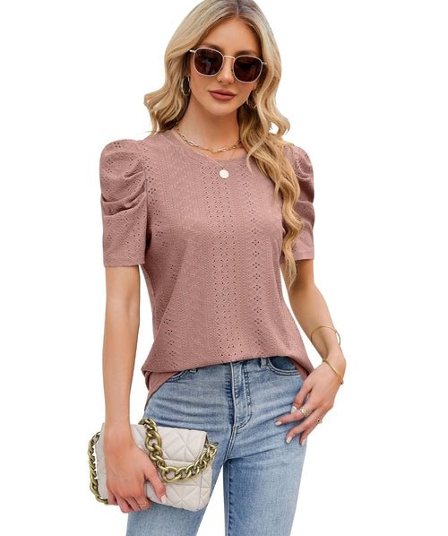Hollowed Out Crew Neck Pleats Loose Top - Busy Bee Bazaar