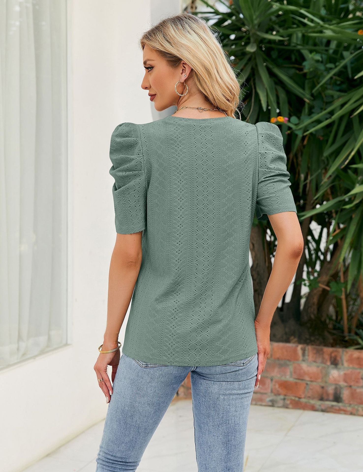 Hollowed Out Crew Neck Pleats Loose Top - Busy Bee Bazaar