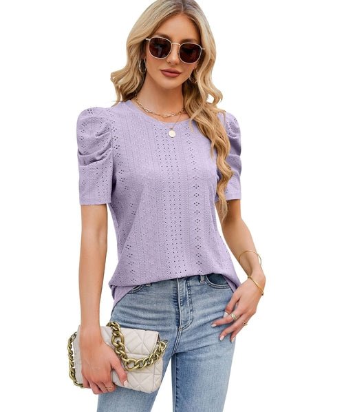 Hollowed Out Crew Neck Pleats Loose Top - Busy Bee Bazaar