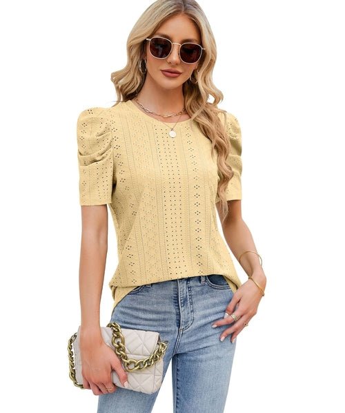 Hollowed Out Crew Neck Pleats Loose Top - Busy Bee Bazaar