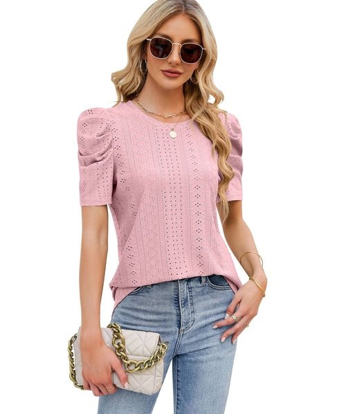 Hollowed Out Crew Neck Pleats Loose Top - Busy Bee Bazaar