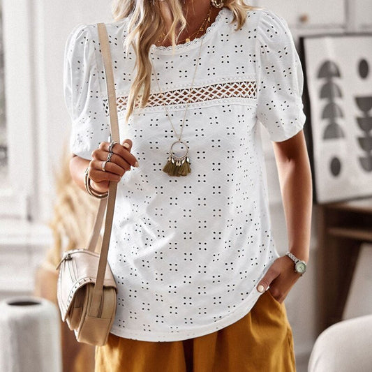 Lace Blouses Casual Hollow Out O Neck Women Shirt - Busy Bee Bazaar