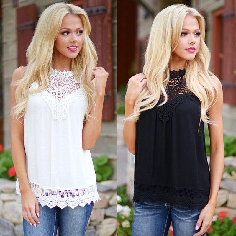 Lace Women Blouse Vintage Sleeveless White Crochet Casual Shirts Tops - Busy Bee Bazaar