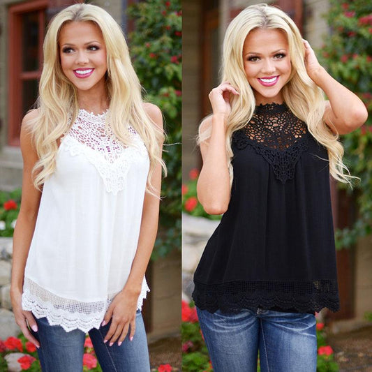 Lace Women Blouse Vintage Sleeveless White Crochet Casual Shirts Tops - Busy Bee Bazaar