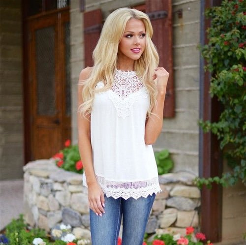 Lace Women Blouse Vintage Sleeveless White Crochet Casual Shirts Tops - Busy Bee Bazaar