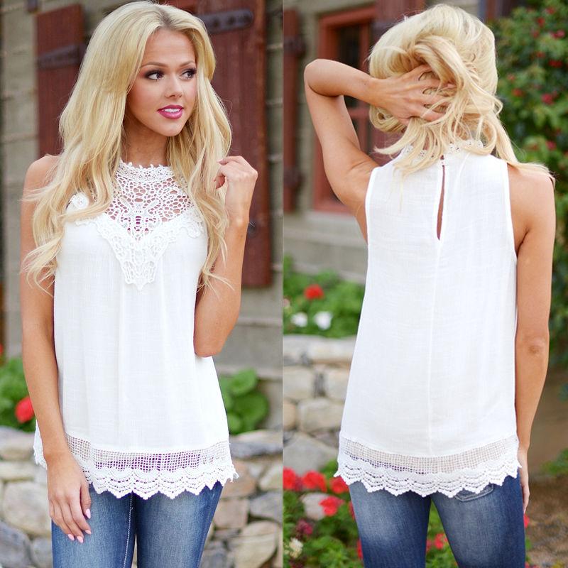 Lace Women Blouse Vintage Sleeveless White Crochet Casual Shirts Tops - Busy Bee Bazaar