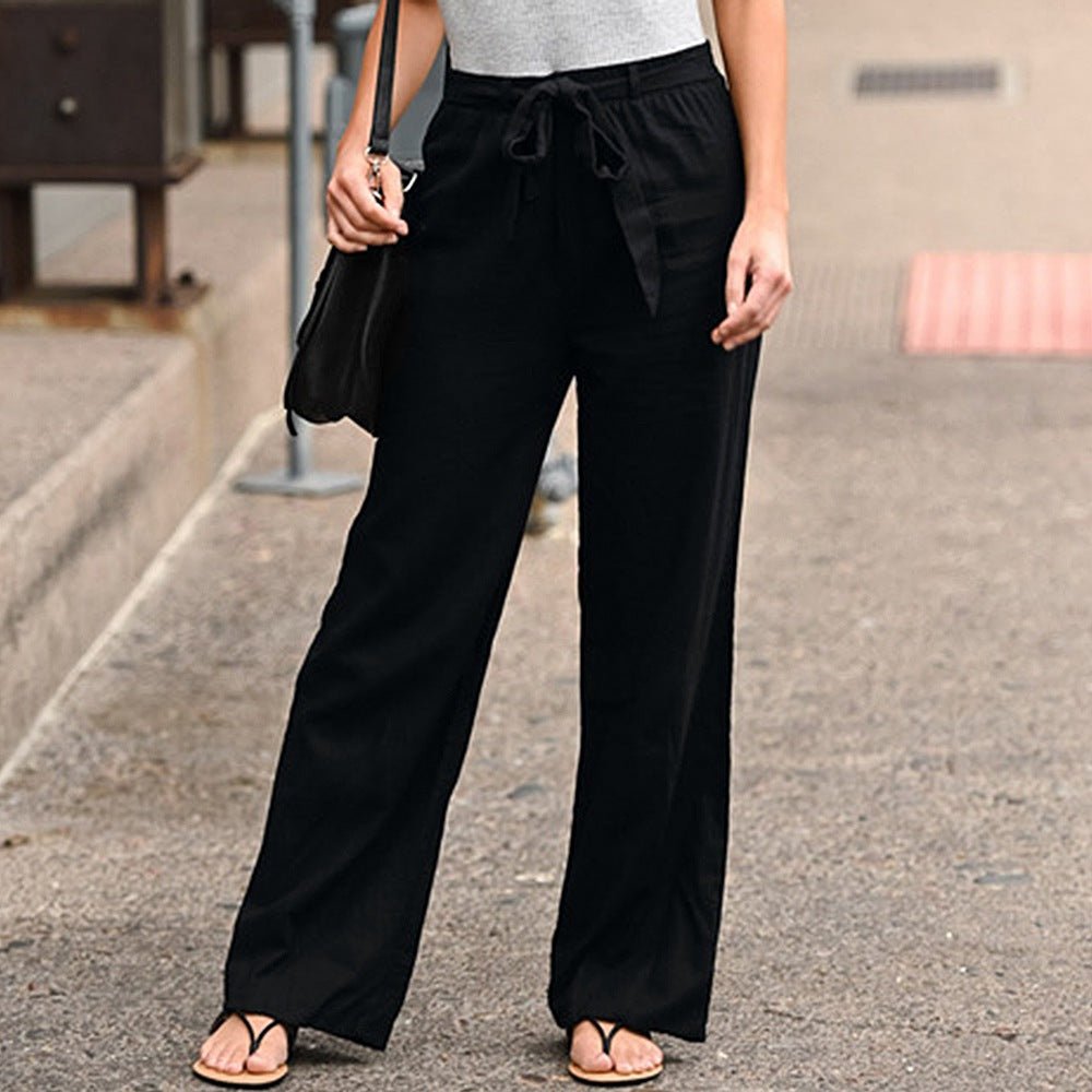 Linen Cotton Solid Elastic Waist Trousers Casual Pants - Busy Bee Bazaar
