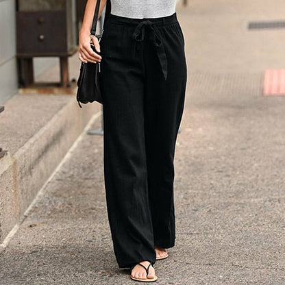 Linen Cotton Solid Elastic Waist Trousers Casual Pants - Busy Bee Bazaar
