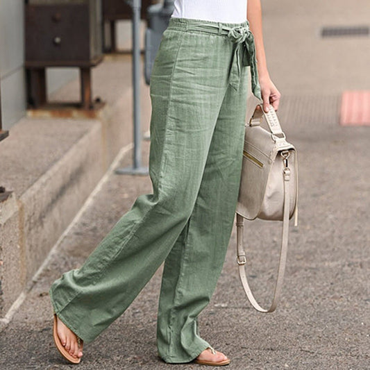 Linen Cotton Solid Elastic Waist Trousers Casual Pants - Busy Bee Bazaar