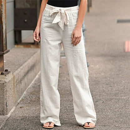 Linen Cotton Solid Elastic Waist Trousers Casual Pants - Busy Bee Bazaar