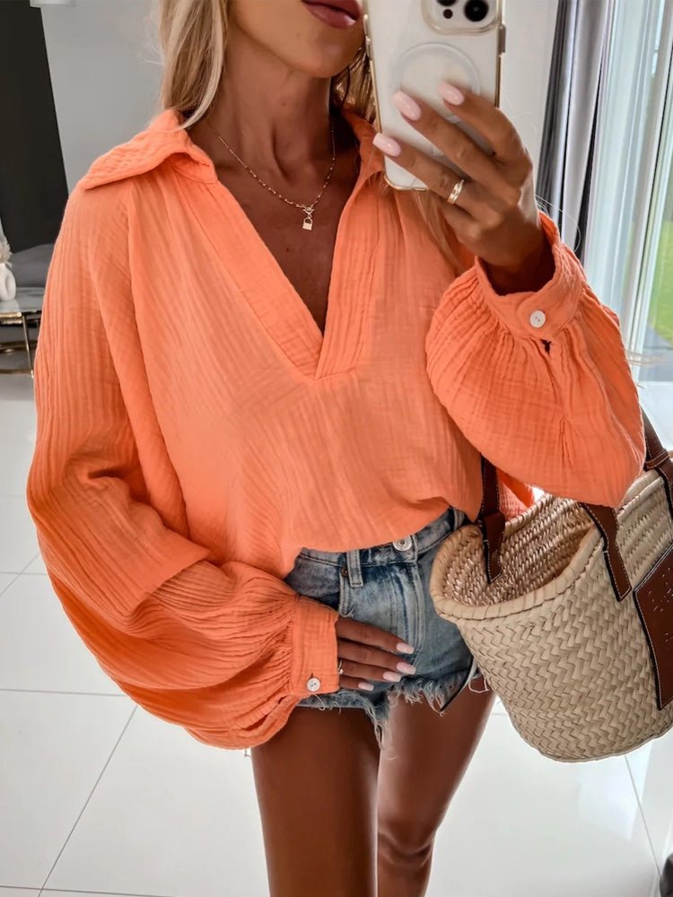 Long Sleeve Cotton Blouse Turn-down Collar Button Loose Shirt - Busy Bee Bazaar
