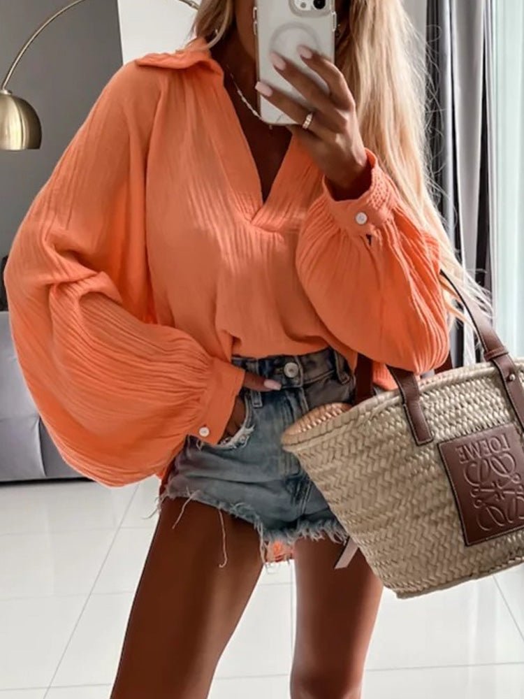 Long Sleeve Cotton Blouse Turn-down Collar Button Loose Shirt - Busy Bee Bazaar