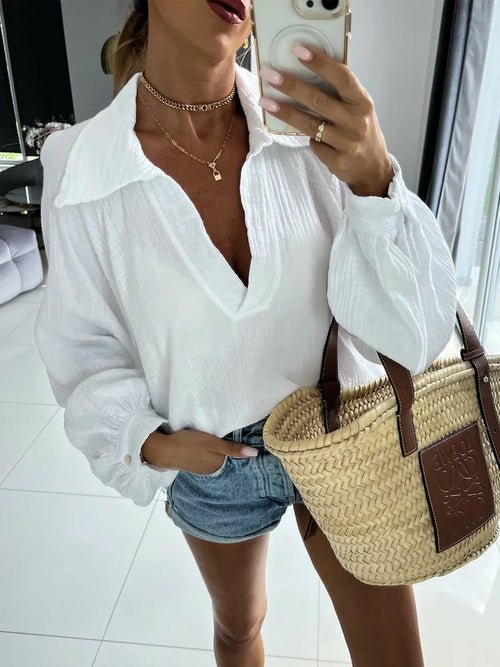 Long Sleeve Cotton Blouse Turn-down Collar Button Loose Shirt - Busy Bee Bazaar