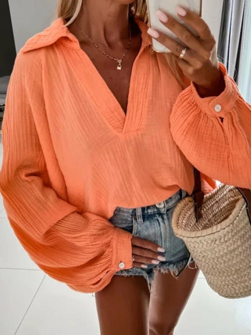 Long Sleeve Cotton Blouse Turn-down Collar Button Loose Shirt - Busy Bee Bazaar