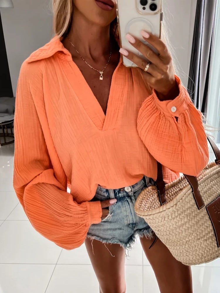 Long Sleeve Cotton Blouse Turn-down Collar Button Loose Shirt - Busy Bee Bazaar