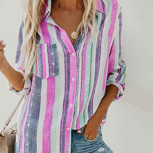 Long Sleeve Stripe Print Vintage Blouse - Busy Bee Bazaar