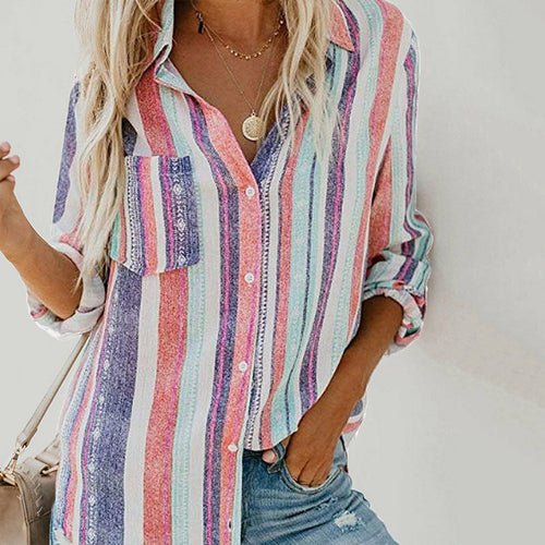 Long Sleeve Stripe Print Vintage Blouse - Busy Bee Bazaar