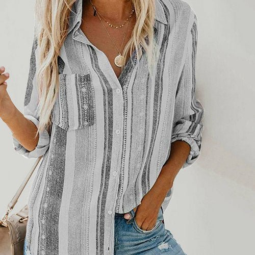 Long Sleeve Stripe Print Vintage Blouse - Busy Bee Bazaar