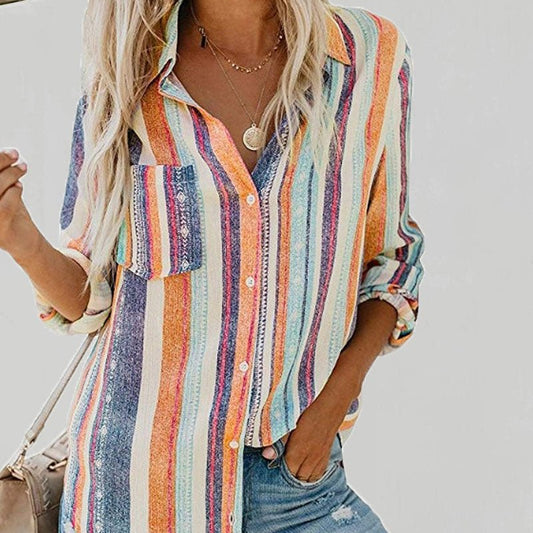 Long Sleeve Stripe Print Vintage Blouse - Busy Bee Bazaar