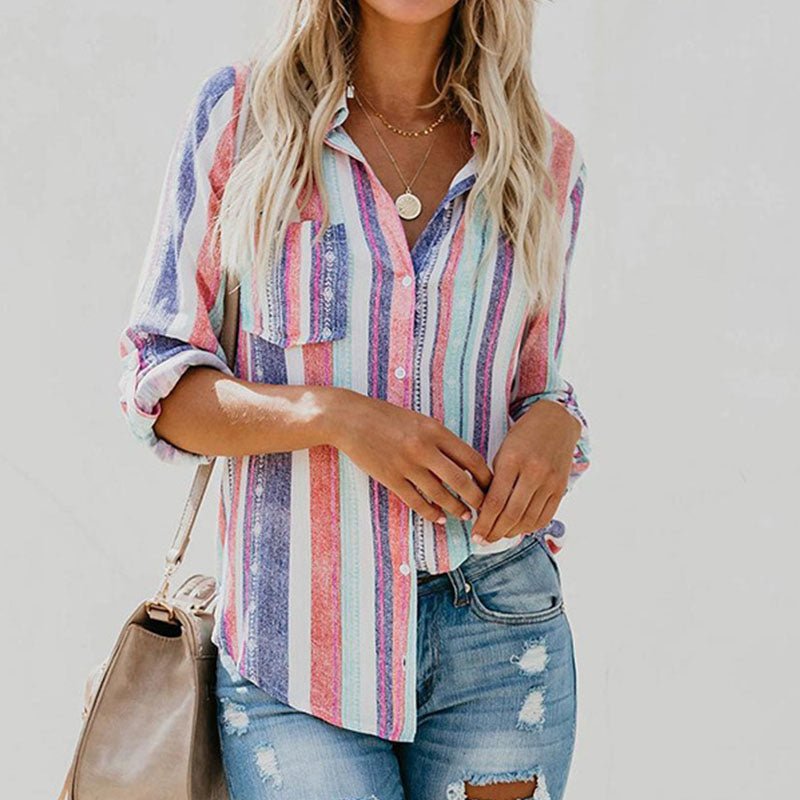 Long Sleeve Stripe Print Vintage Blouse - Busy Bee Bazaar