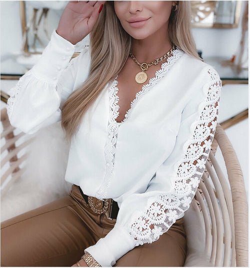 Long Sleeve V-Neck Lace Panel Shirt for Women - Busy Bee Bazaar