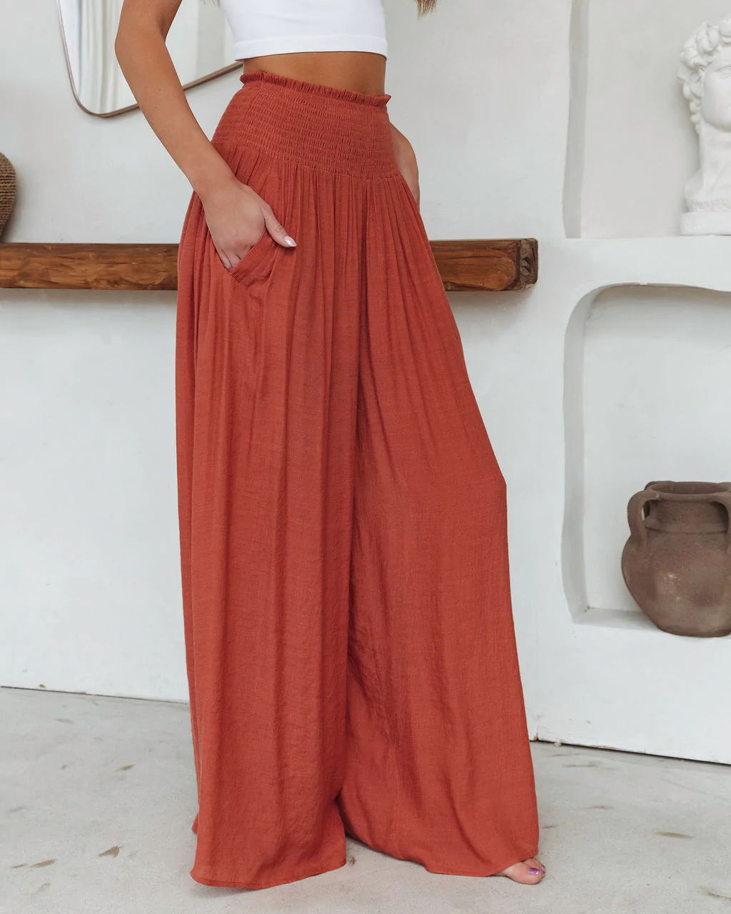 Loose Cotton Wide-Leg Pants with Elastic Waistband and Pockets - Busy Bee Bazaar