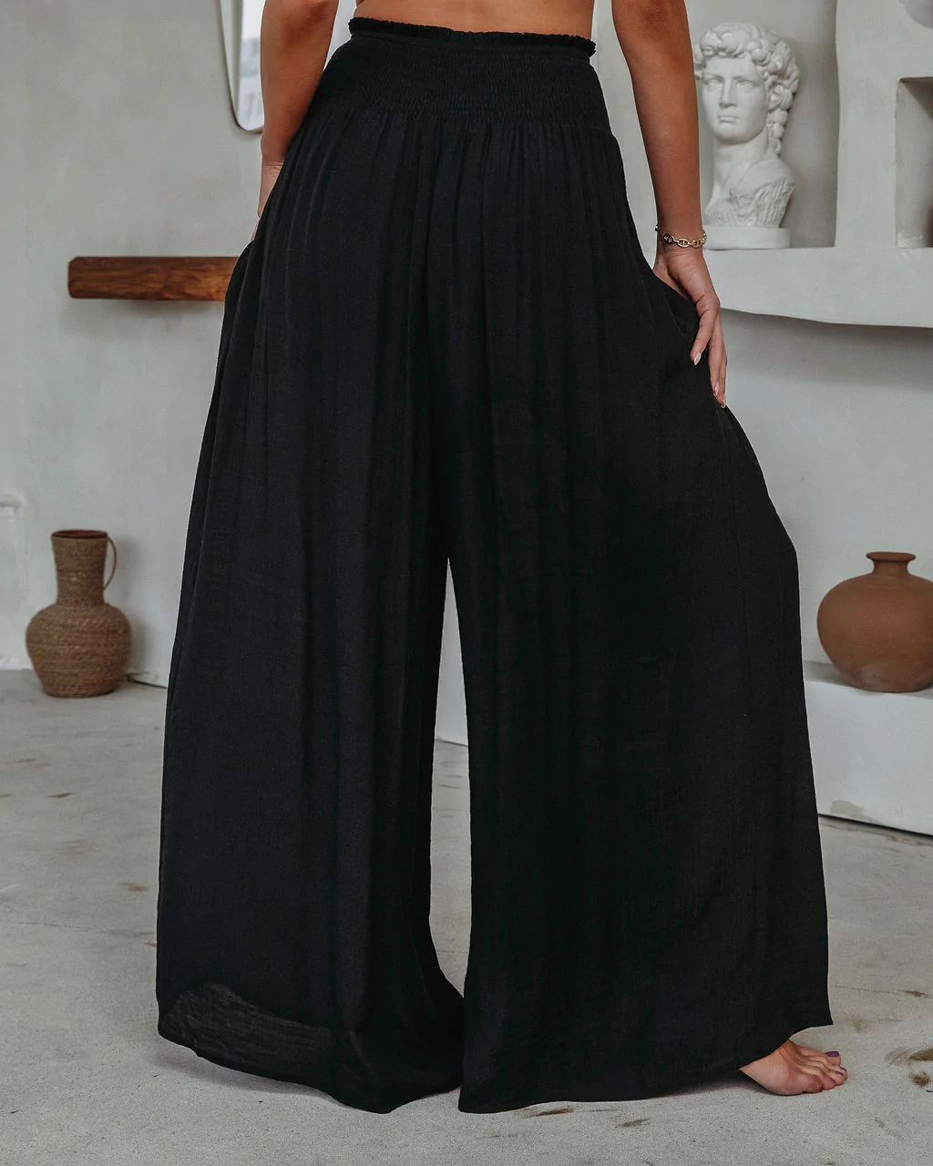 Loose Cotton Wide-Leg Pants with Elastic Waistband and Pockets - Busy Bee Bazaar