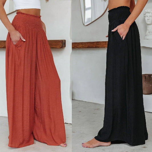 Loose Cotton Wide-Leg Pants with Elastic Waistband and Pockets - Busy Bee Bazaar