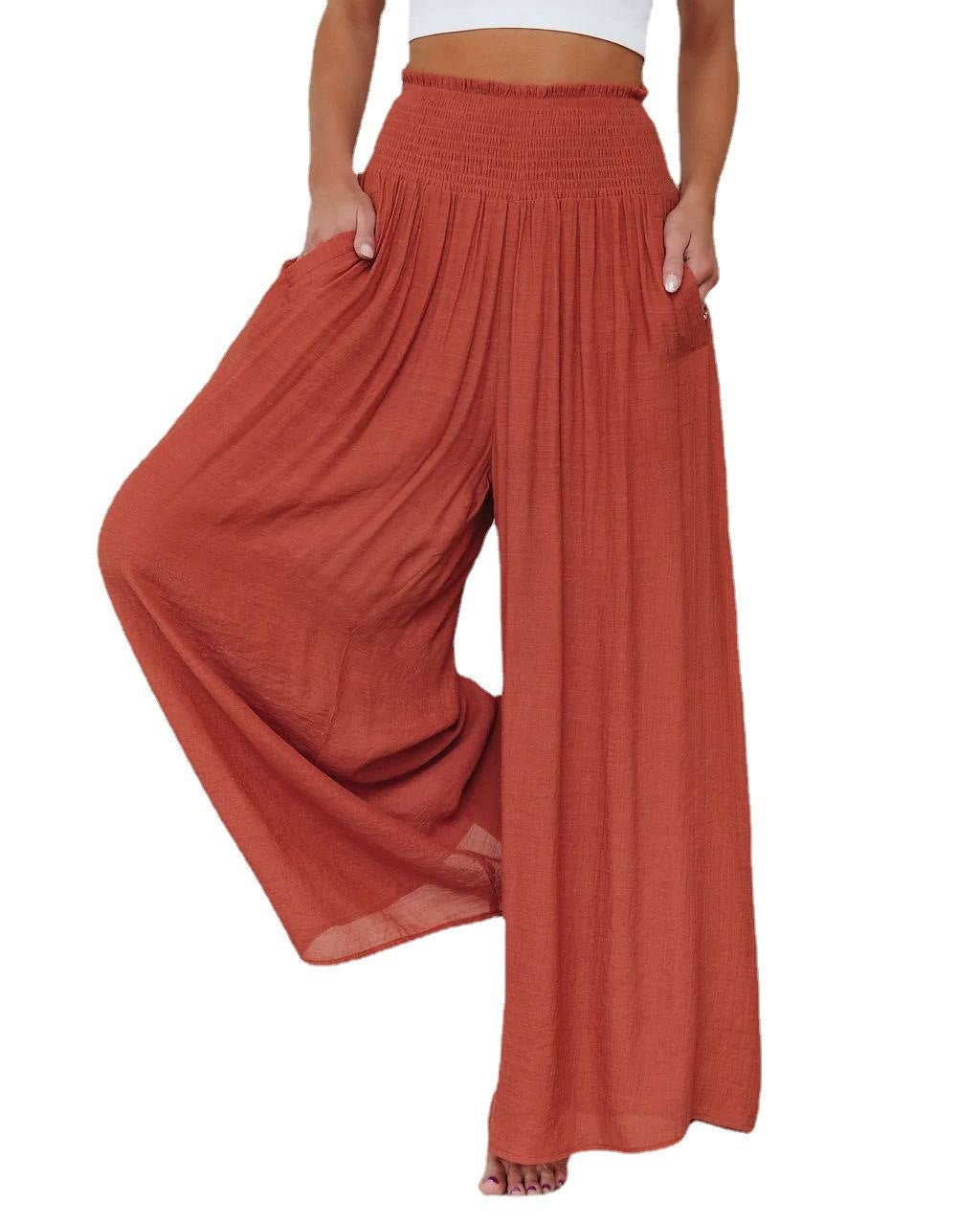 Loose Cotton Wide-Leg Pants with Elastic Waistband and Pockets - Busy Bee Bazaar