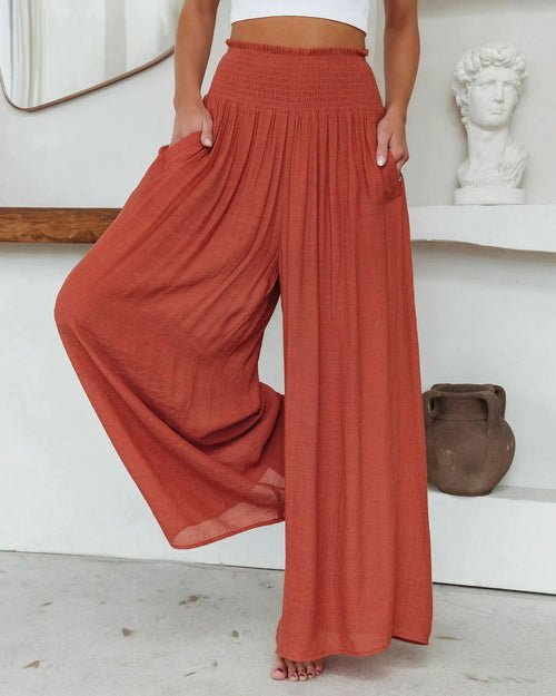 Loose Cotton Wide-Leg Pants with Elastic Waistband and Pockets - Busy Bee Bazaar